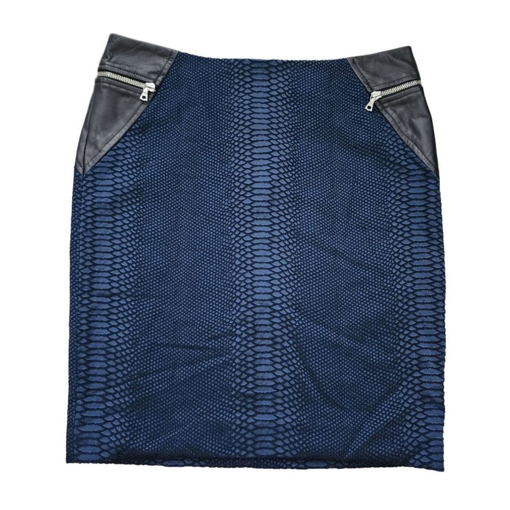 Yigal Azrouel Navy Blue Textured Pencil Skirt with Black Leather Trim